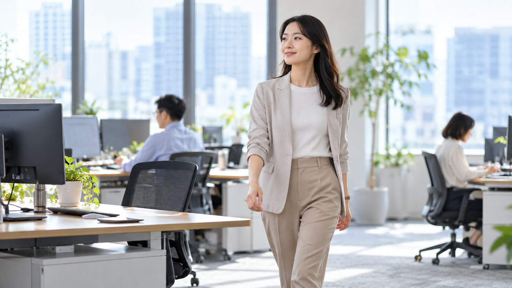 デスクワークの合間に歩く従業員