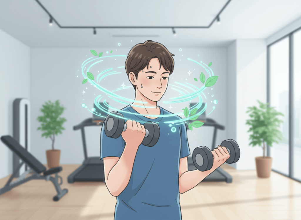 ダンベルを使って筋力トレーニングを行う若年成人