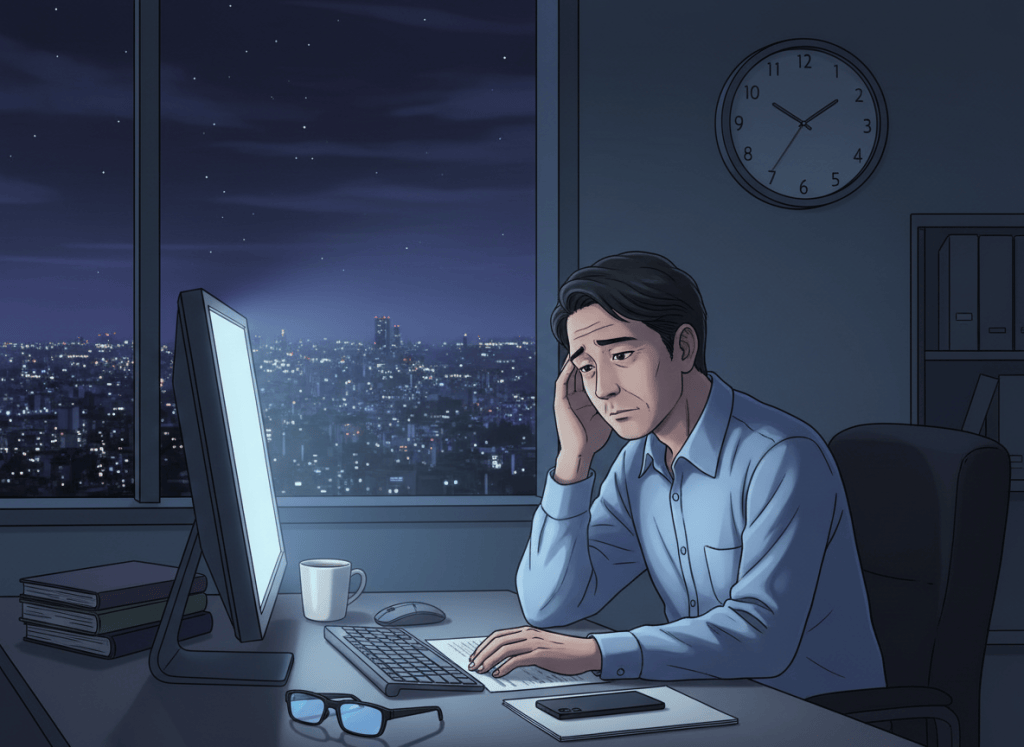 夜遅くまで働くオフィスワーカーと時計