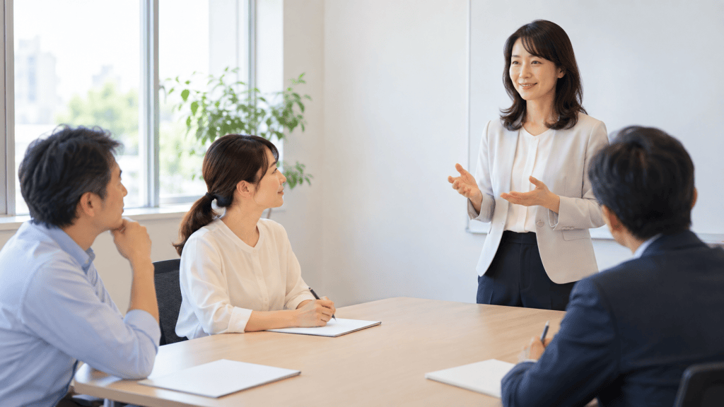 会議室で講師の話を聞く管理職